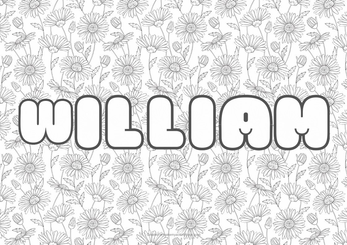 William Bubble letters — Flowers border colouring sheet