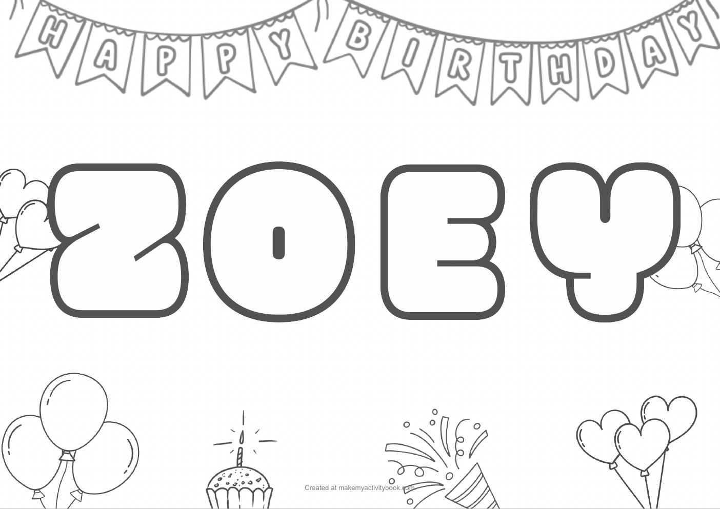 Zoey Bubble letters — Birthday border colouring sheet