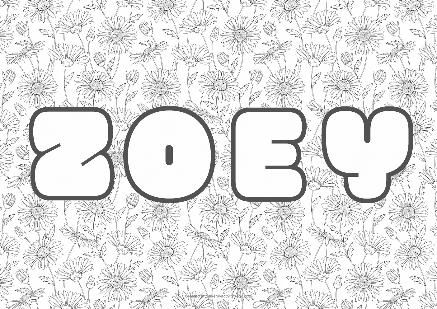 Zoey Bubble letters — Flowers border colouring sheet