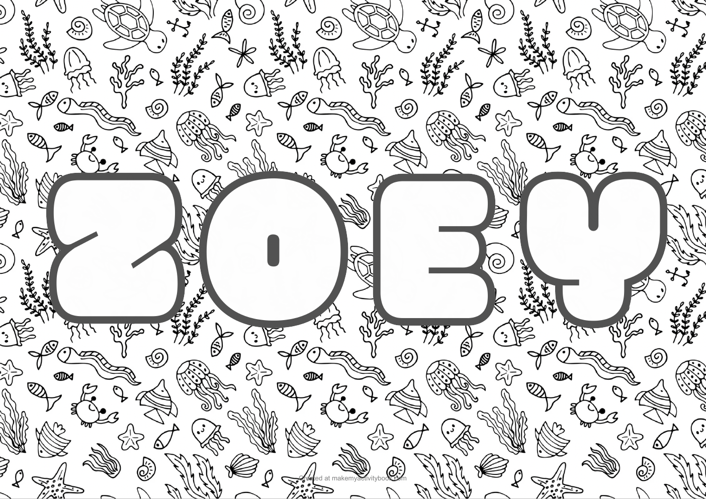 Zoey Bubble letters — Sea border colouring sheet