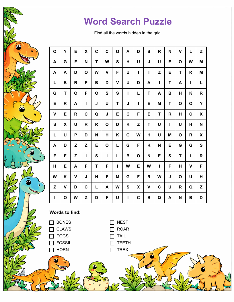 Dinosaur Word Search — printable PDF