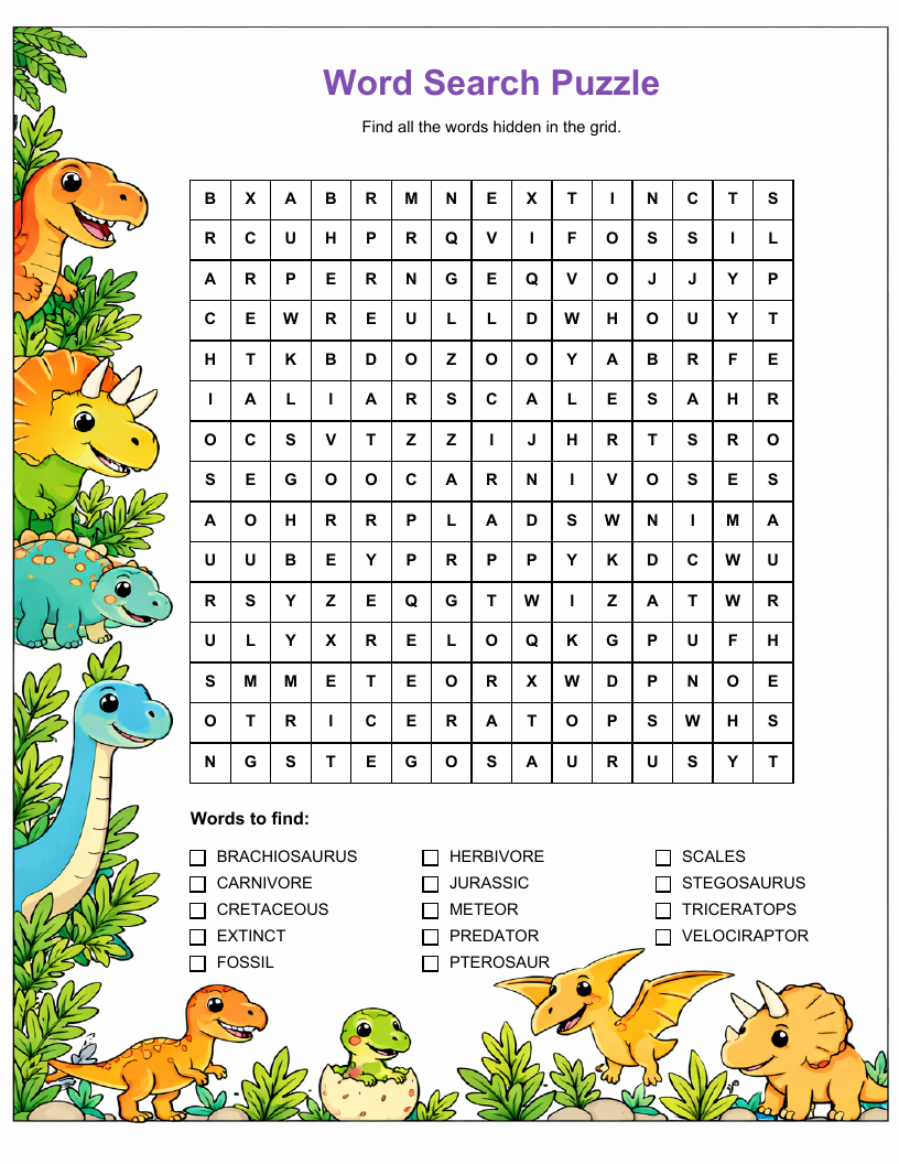Dinosaur Word Search — printable PDF