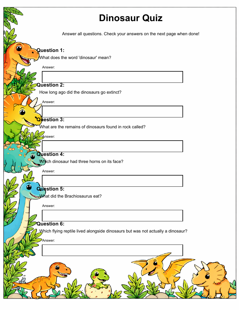 Dinosaur Quiz — printable PDF