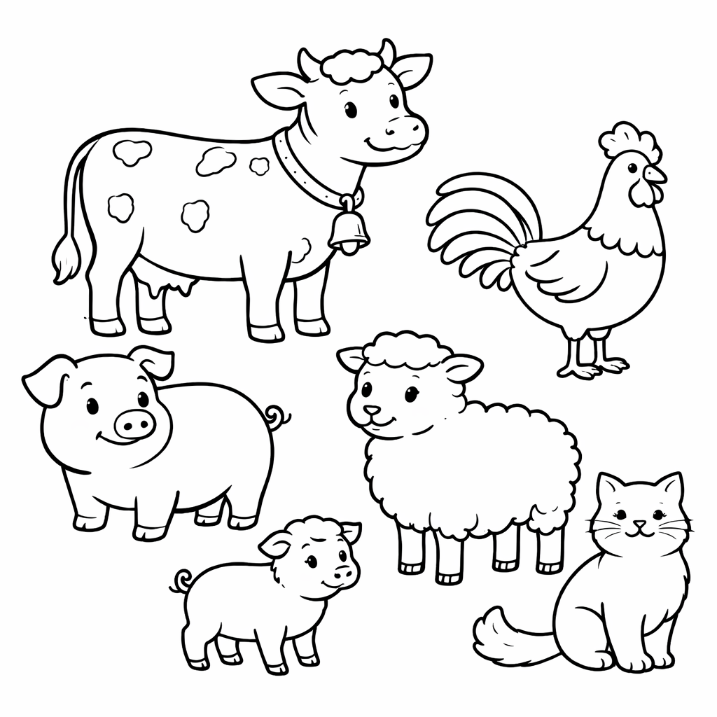 Detailed farm scene colouring sheet — printable PDF