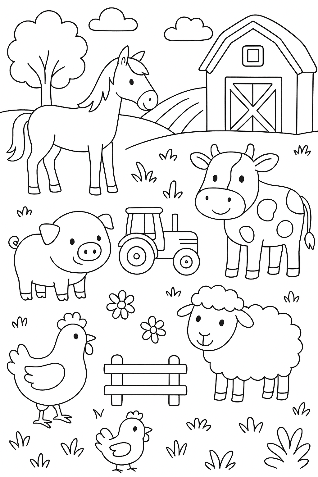 Farm scene colouring sheet — printable PDF