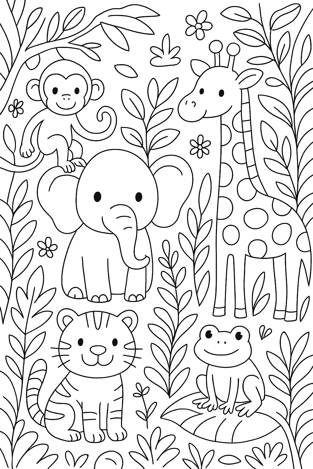 Jungle scene colouring sheet — printable PDF
