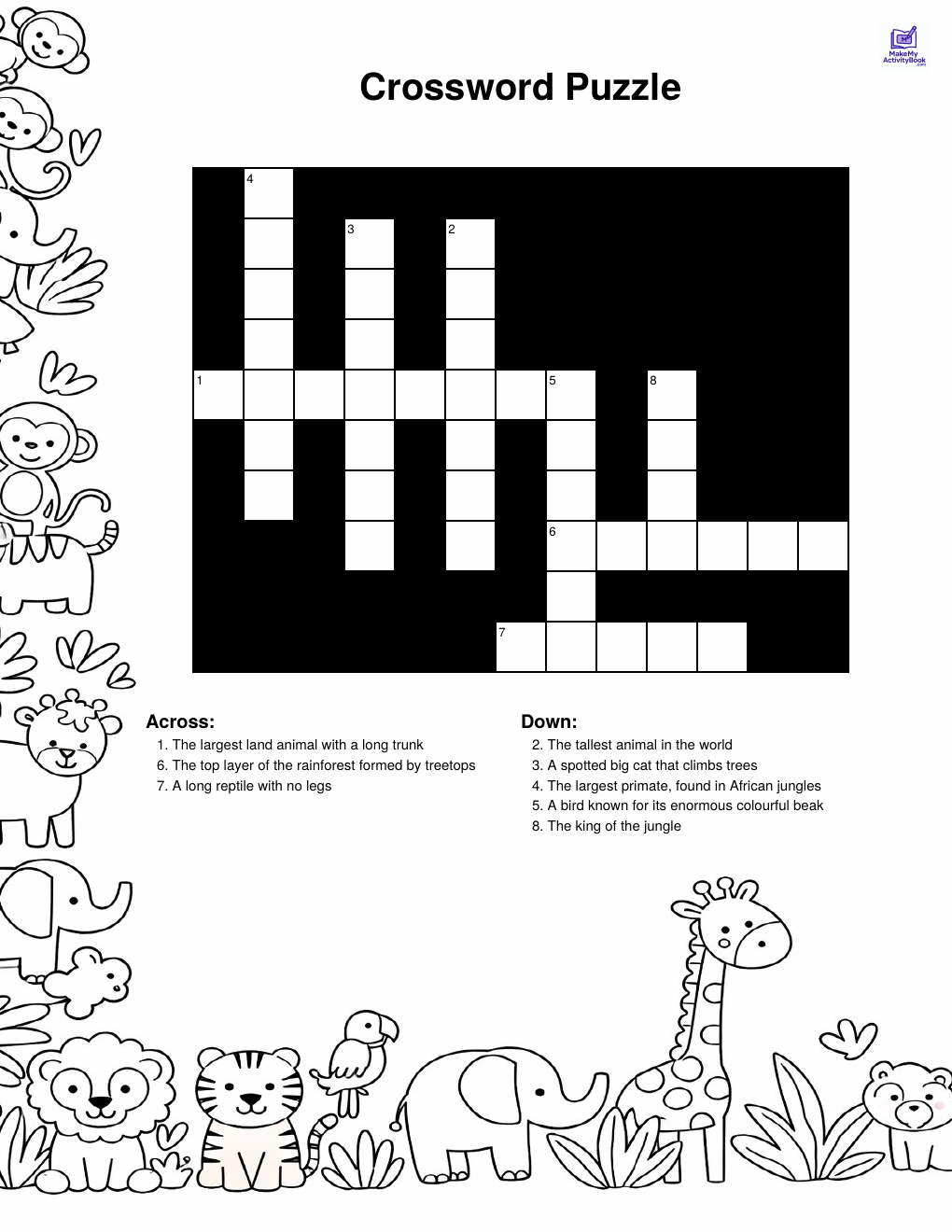 Jungle crossword puzzle — printable PDF