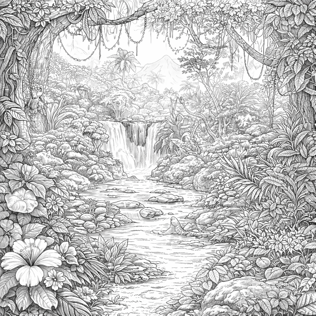 Detailed jungle colouring sheet — printable PDF