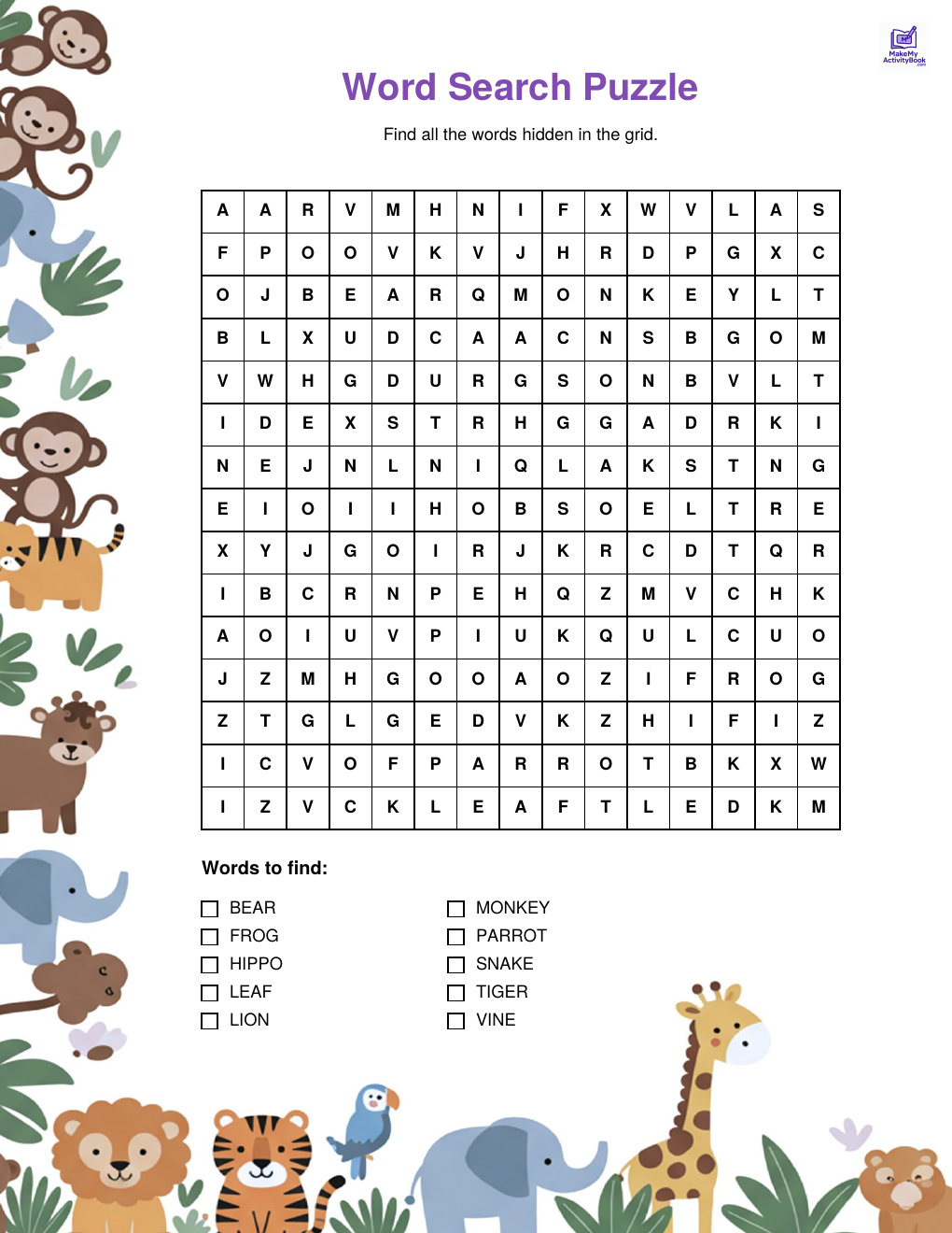 Jungle word search easy — printable PDF