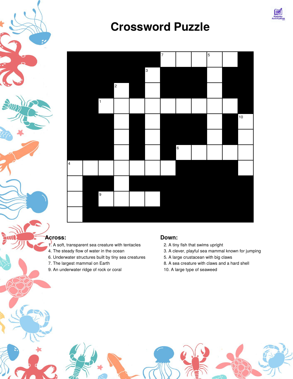 Ocean crossword puzzle — printable PDF
