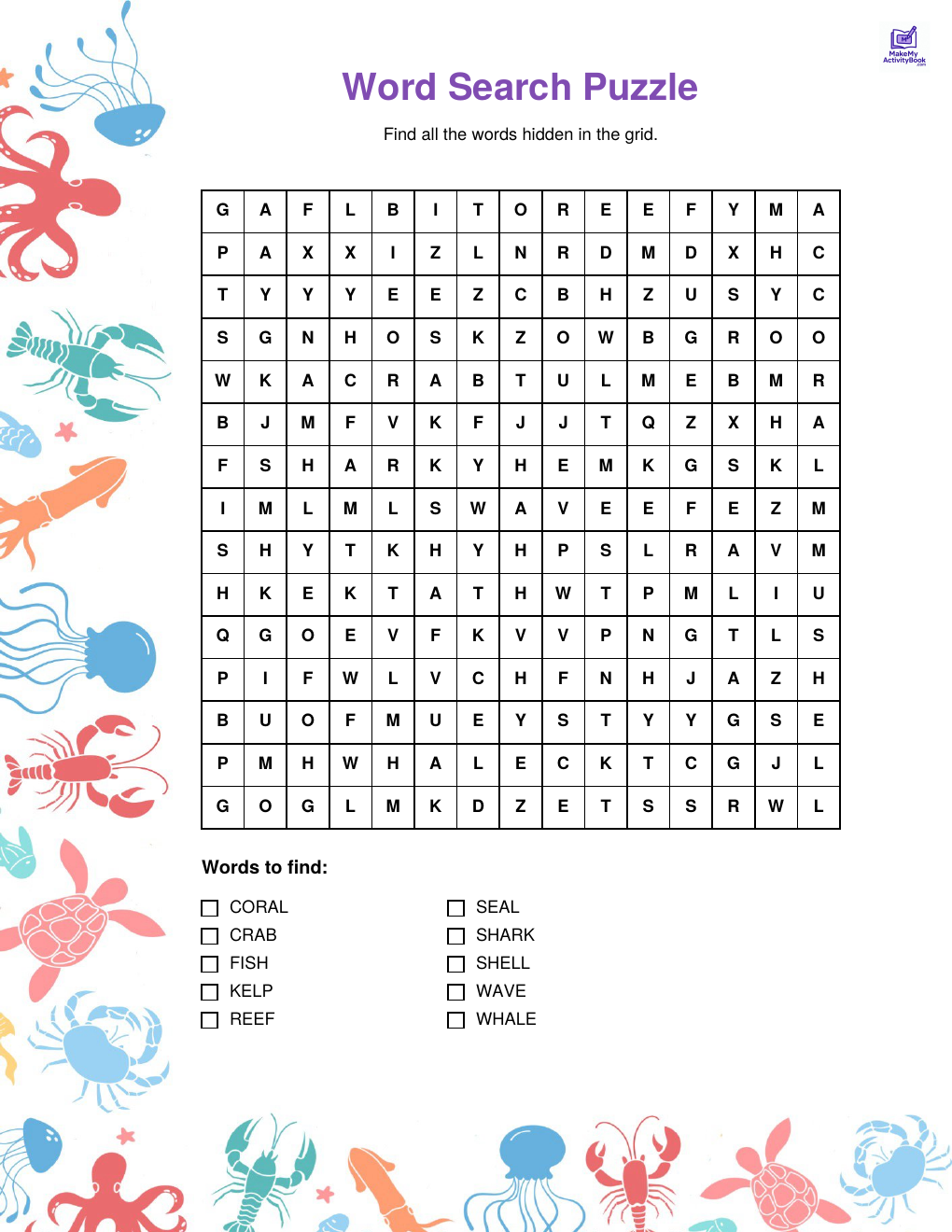 Ocean word search easy — printable PDF