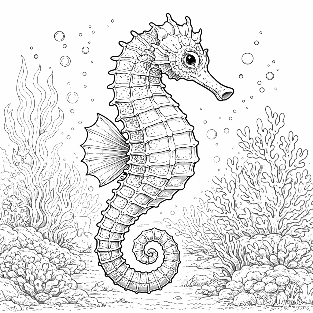Seahorse colouring sheet — printable PDF