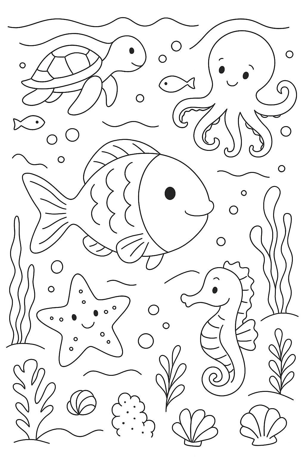 Underwater scene colouring sheet — printable PDF