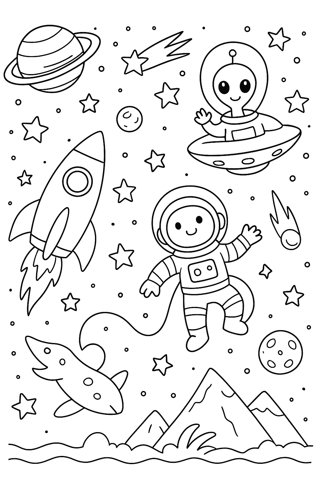 Space colouring sheet — printable PDF