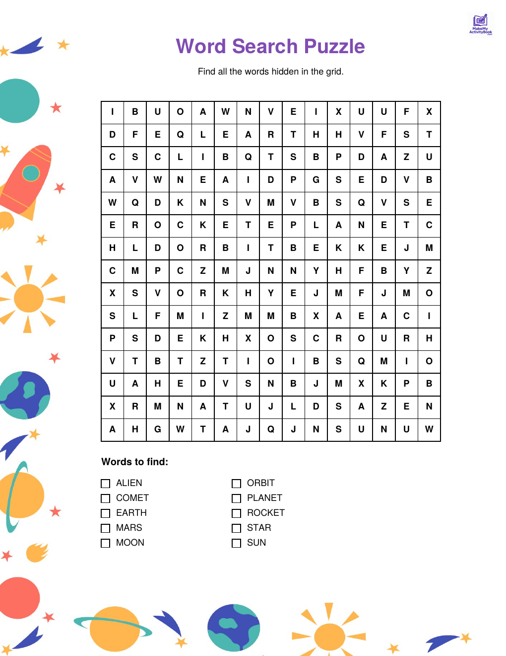 Space word search easy — printable PDF
