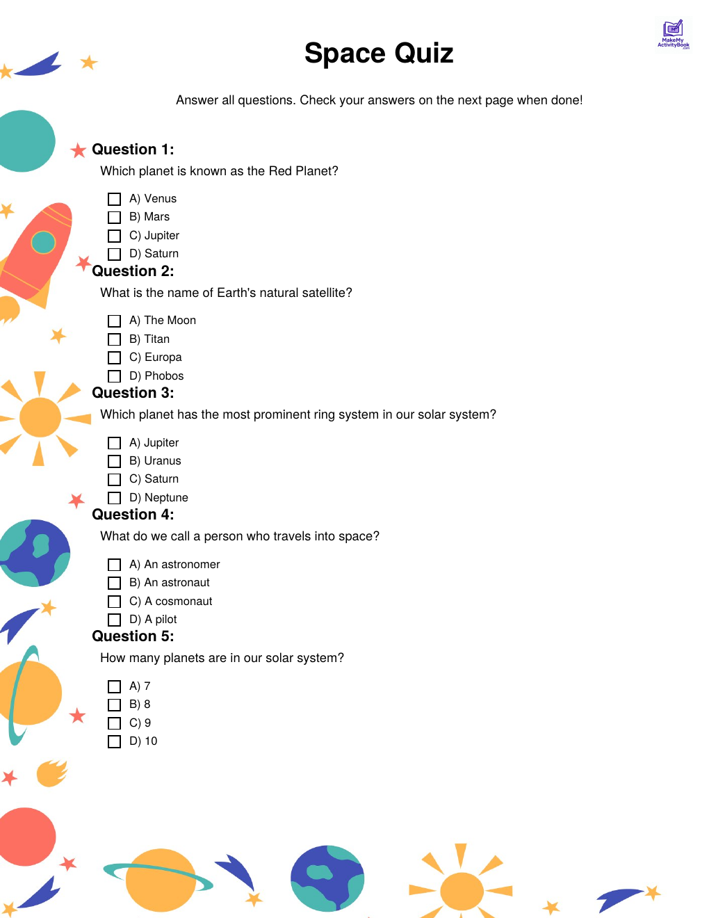 Space quiz — printable PDF