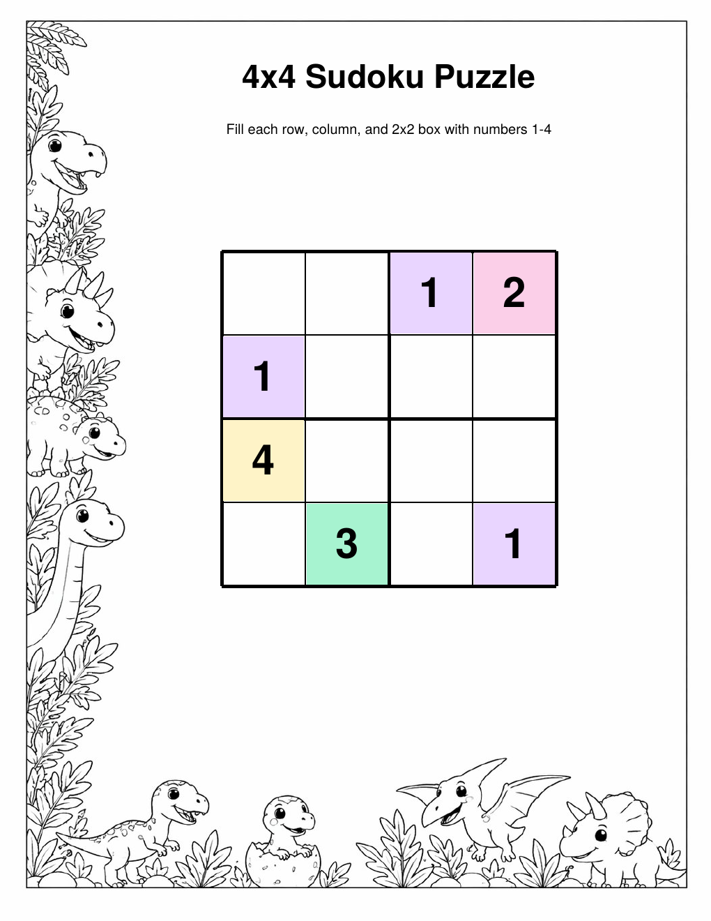Dinosaur Sudoku — Easy — printable PDF
