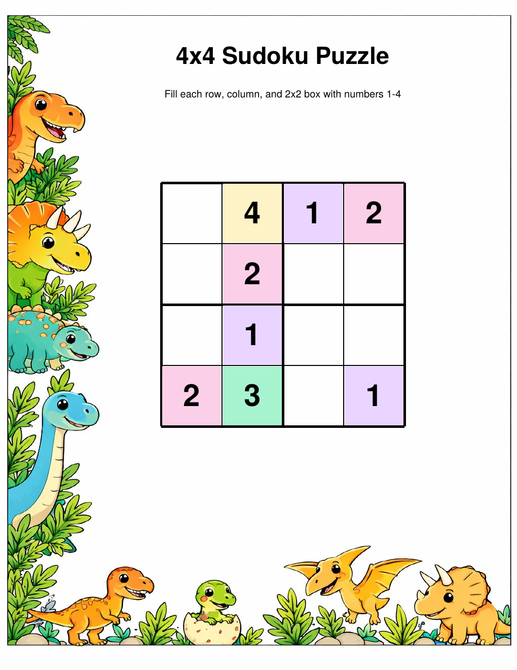 Dinosaur Sudoku — Easy — printable PDF