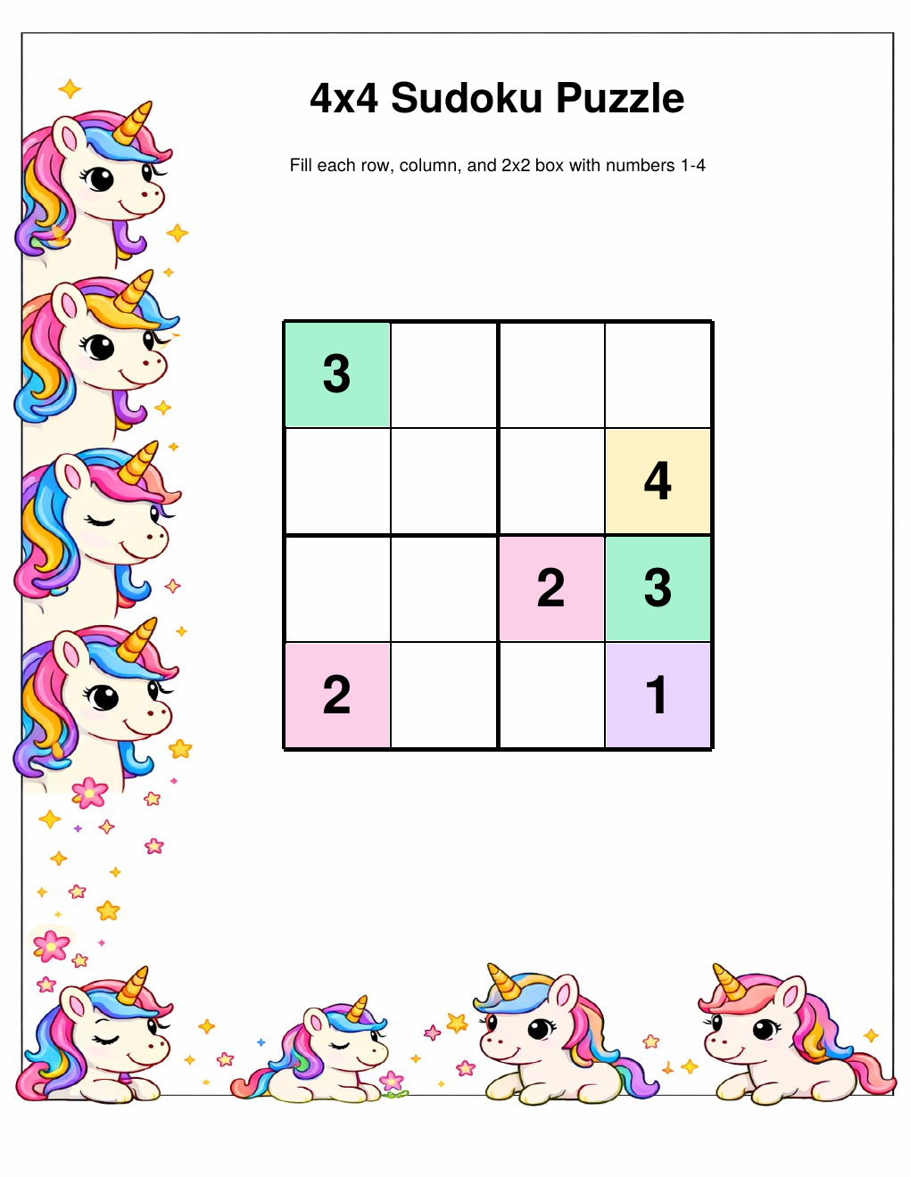 Unicorn Sudoku — Easy — printable PDF