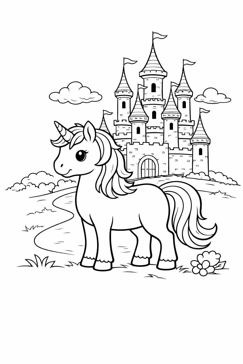 Castle Unicorn colouring sheet — printable PDF