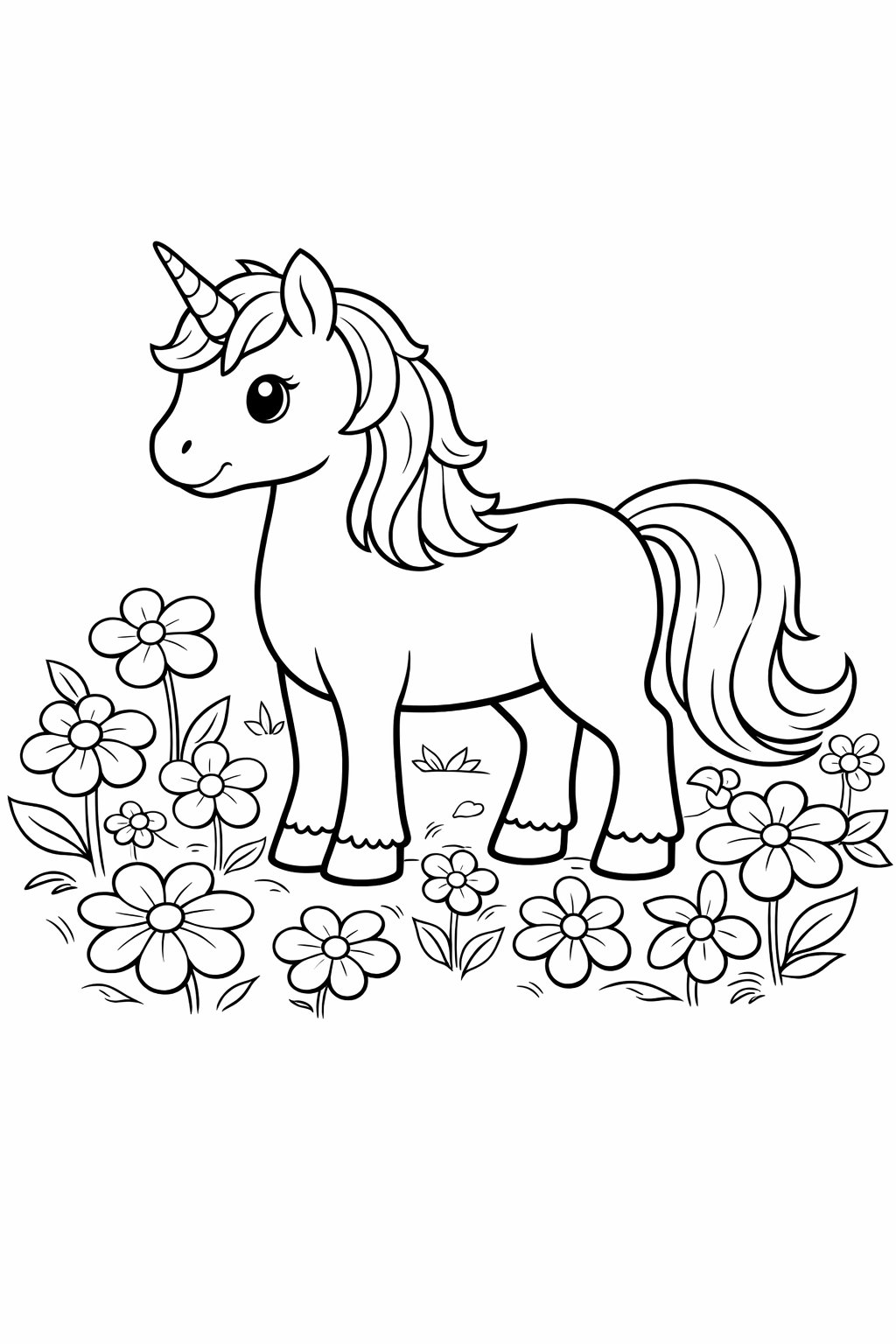 Meadow Unicorn colouring sheet — printable PDF