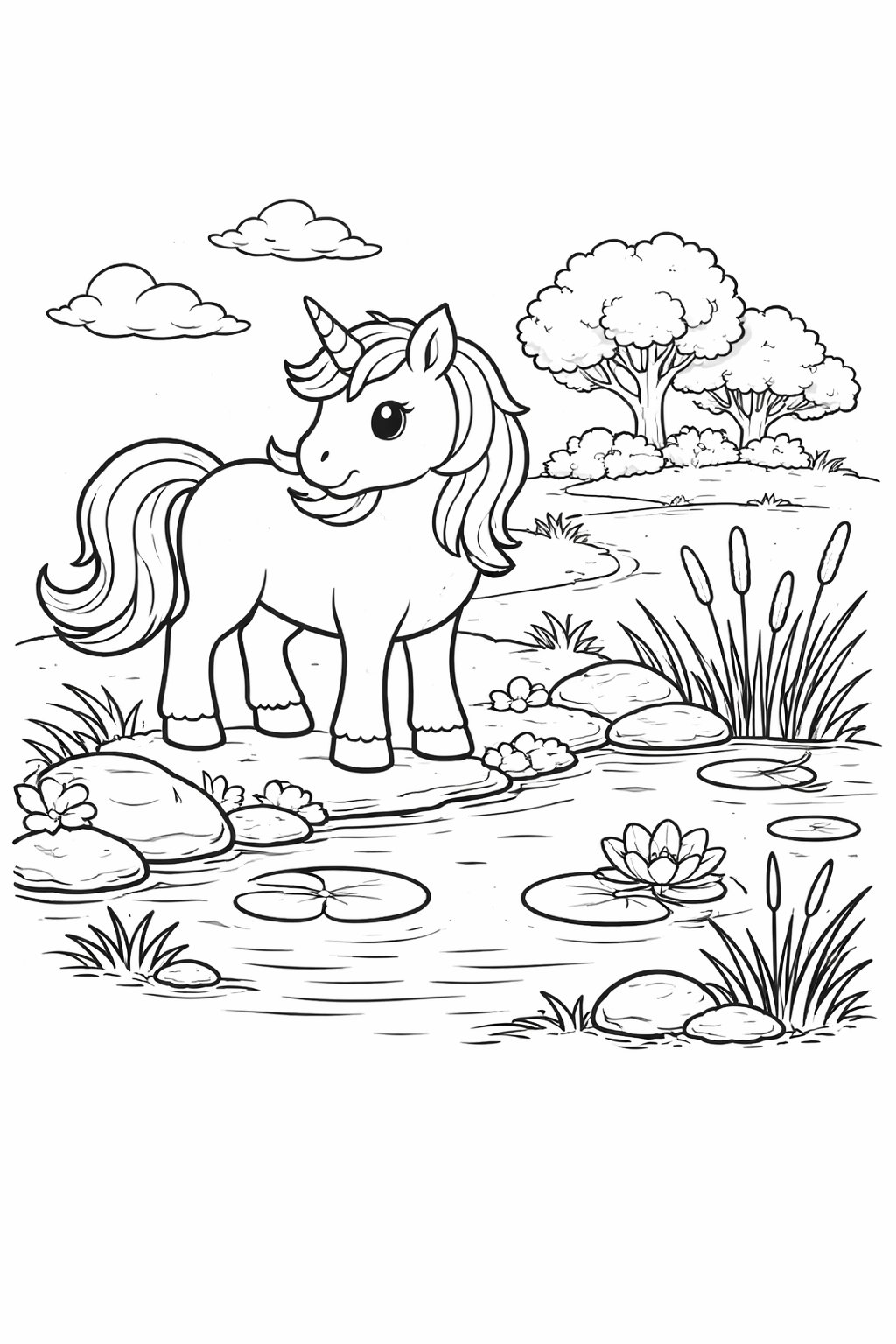 Pond Unicorn colouring sheet — printable PDF