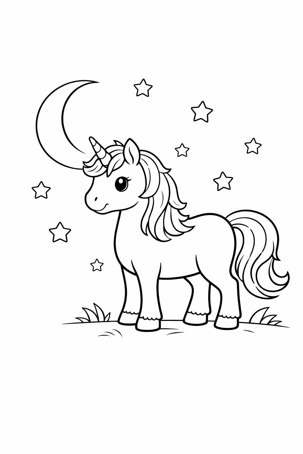 Starry Unicorn colouring sheet — printable PDF