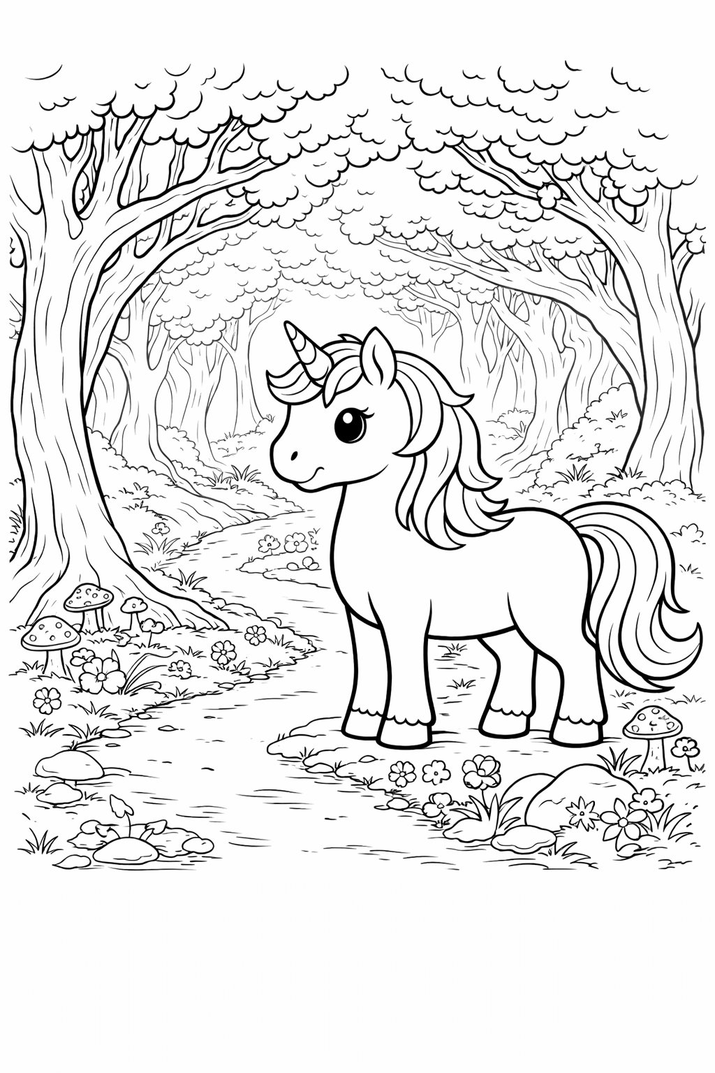 Woodland Unicorn colouring sheet — printable PDF