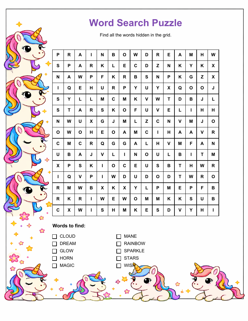 Unicorn Word Search — printable PDF