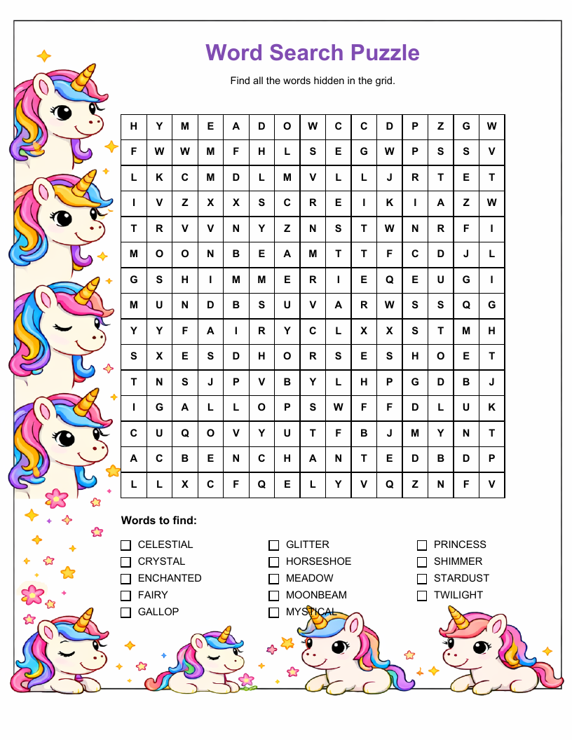 Unicorn Word Search — printable PDF