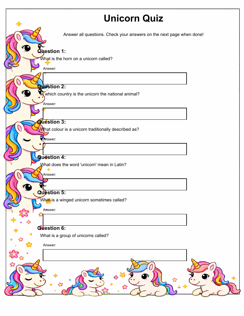 Unicorn Quiz — printable PDF