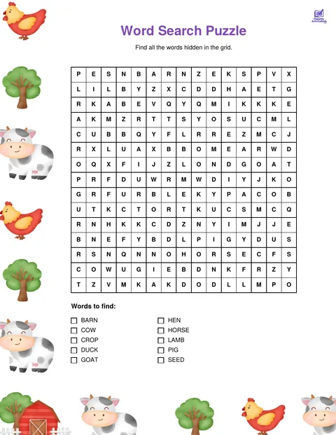 Farm word search, easy