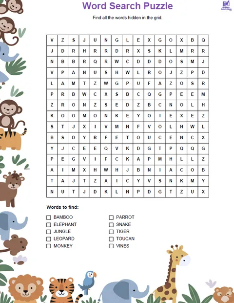 Jungle word search, medium