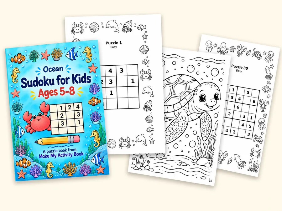 Ocean Sudoku for Kids book with sample sudoku and sea turtle coloring pages
