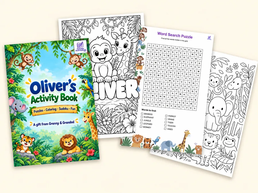 Example personalized jungle activity book for Oliver with coloring and word search pages