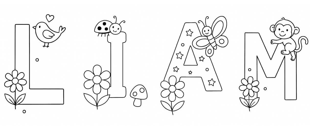 Free printable Liam name coloring page for kids