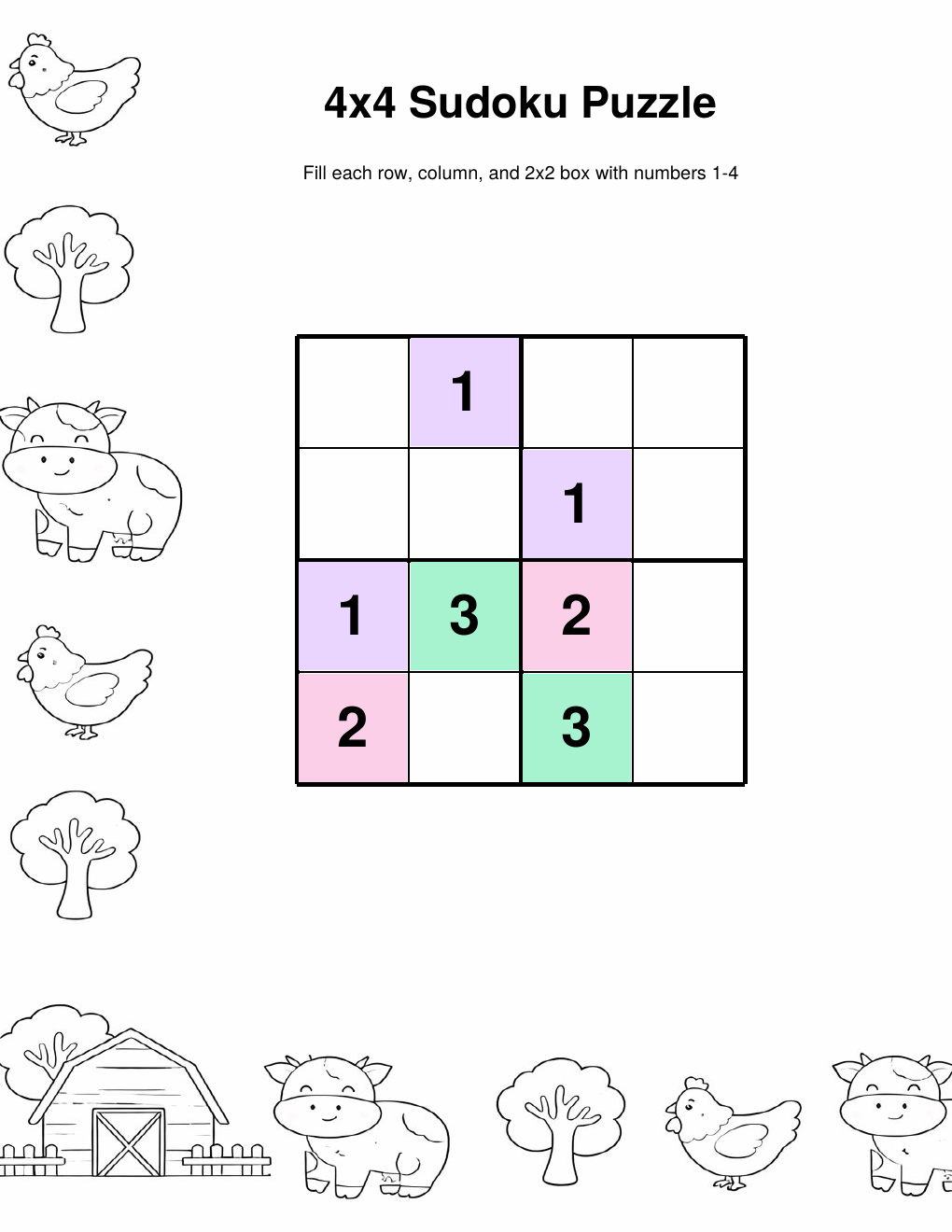 Farm sudoku easy black and white — printable PDF