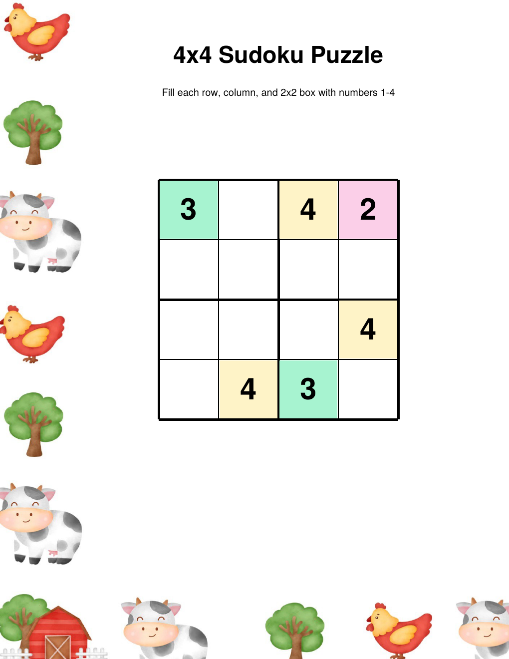 Farm sudoku easy colour — printable PDF