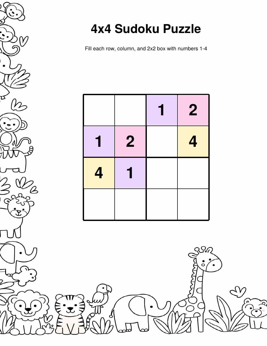 Jungle sudoku easy black and white — printable PDF
