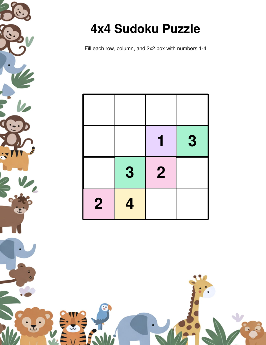 Jungle sudoku easy colour — printable PDF