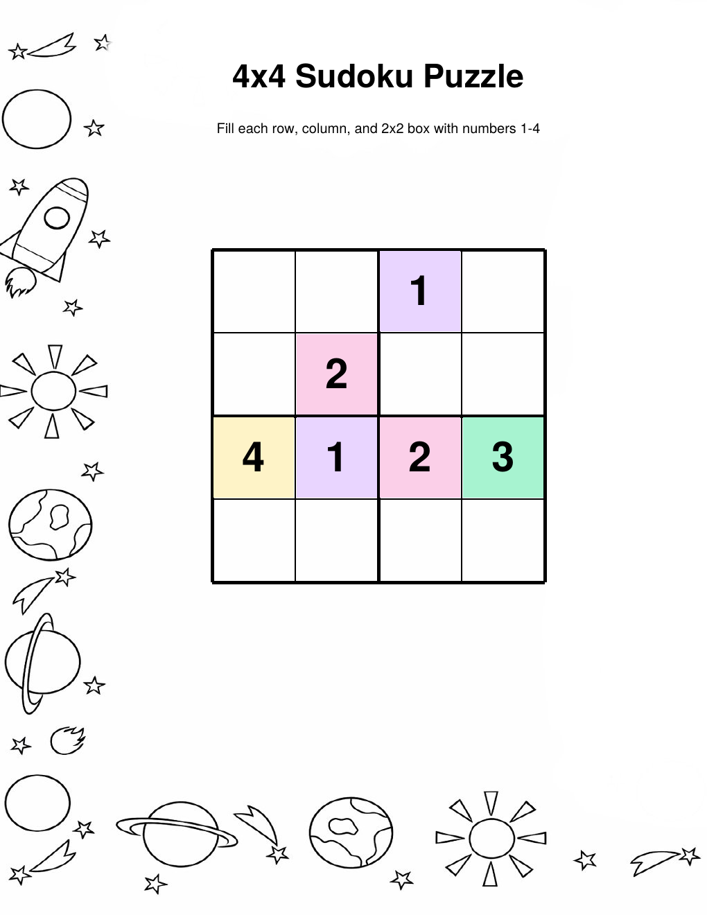 Space sudoku easy black and white — printable PDF