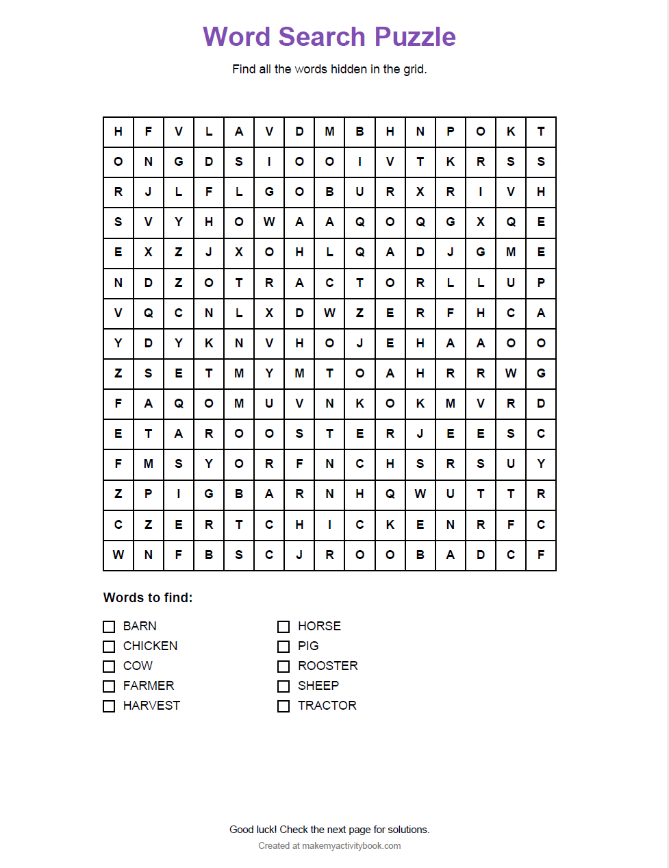 Free printable farm animals word search puzzle for kids with easy, medium, and hard difficulty options