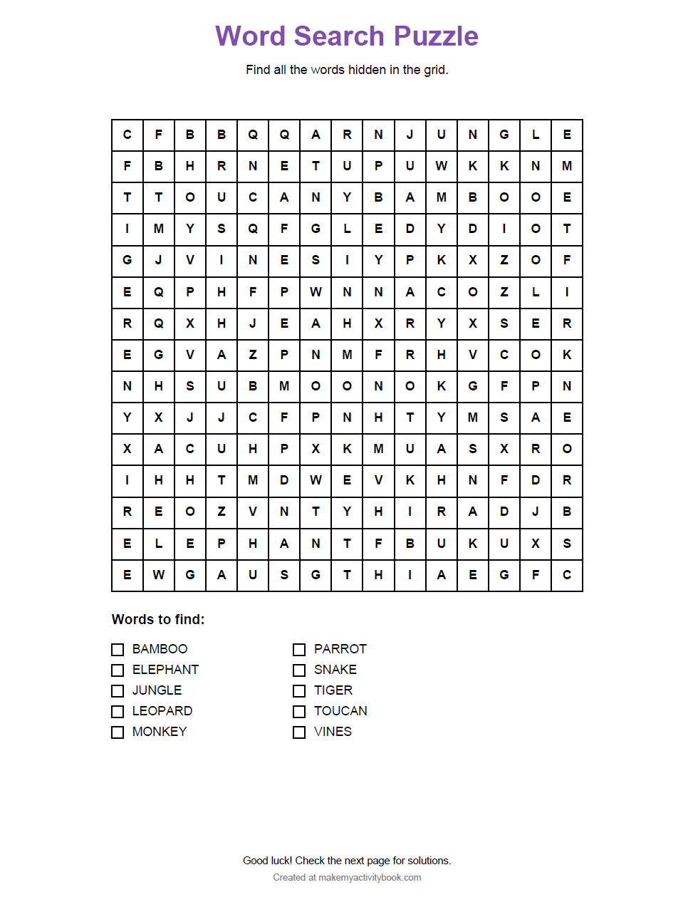 Free printable jungle adventure word search puzzle for kids with easy, medium, and hard difficulty levels