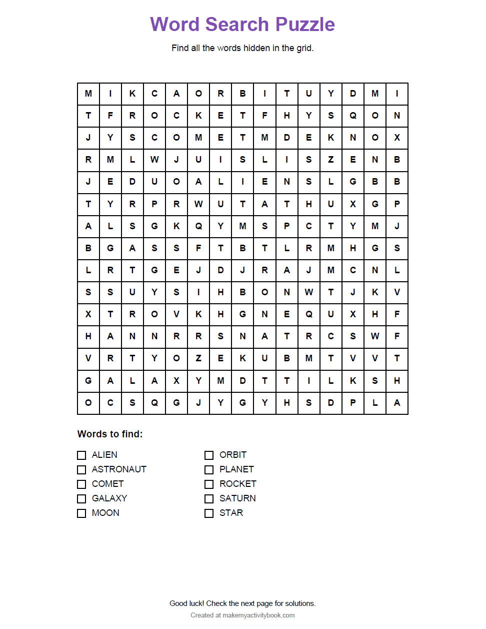 Free printable space exploration word search puzzle for kids ages 5-8 with multiple difficulty options